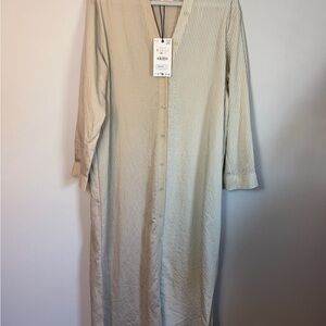 Zara cream beige v neck Striped Long Sleeve Button-Down Dress Sz S NWT $70